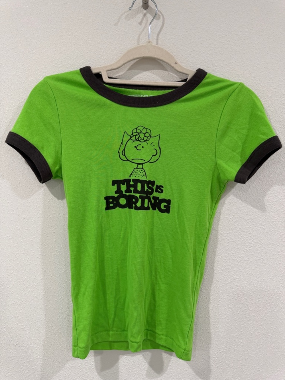 Women’s Peanuts Green Ringer Tee with dark brown Trim - "This is Boring" Graphic